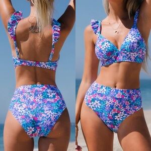NWT Women Bikini Sets 2 Piece Swimsuit High Waisted Bottom Floral Print  SIZE L